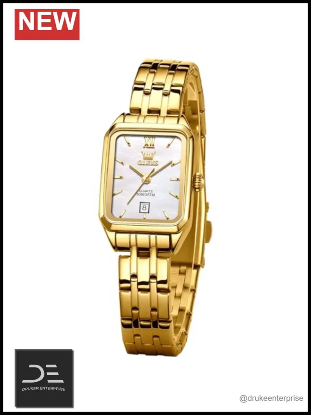 Square Stainless Steel Bracelet Watch with Date, Quartz Movement, Water